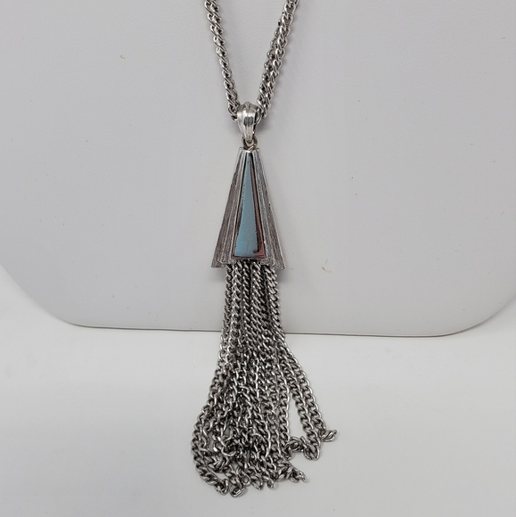 MONET SIGNED SILVER DOUBLE STRAND CHAIN NECKLACE FRINGE PENDANT JEWELRY COSTUME - Picture 4 of 12